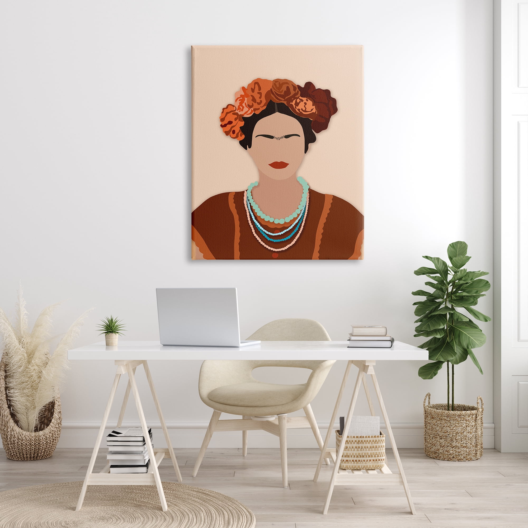 Stupell Industries Frida Artist Portrait Orange Floral Blue Bead Necklace, 36 x 48, Designed by Ros Ruseva