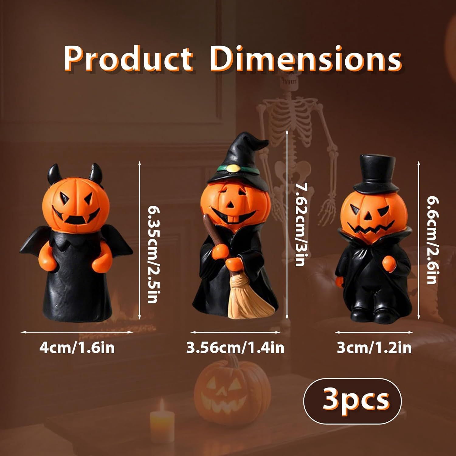 Set of 3 Mini Pumpkin People Figurines for Halloween Table Decor