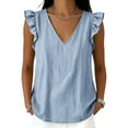 thumbnail image 5 of Womens Cotton Linen Tank Top Ruffle Sleeve Blouses Solid Vest V Neck Casual Summer Gauze Shirt Tunic Top Dressy Fashion Top Boho Shirts Plus Size Shirts Basic Tank Shirt Flowy Shirts, 5 of 5