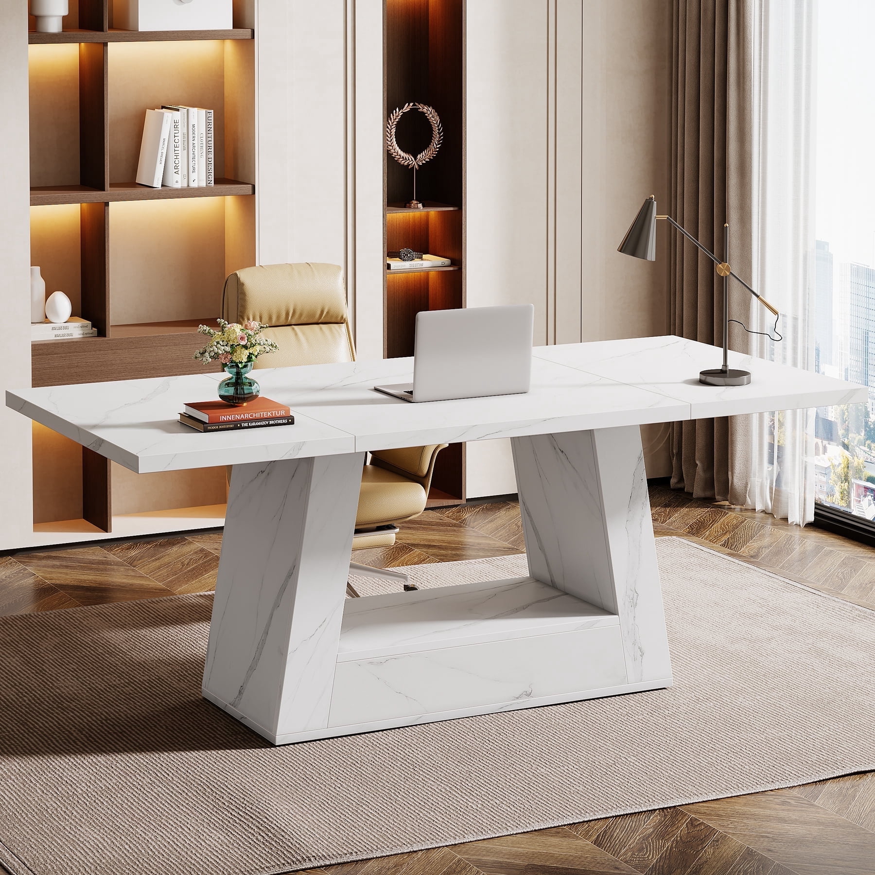 Tribesigns Modern Computer Desk, 63 inch Executive Faux Marble Office Desk with Sturdy Base for Home Office, White