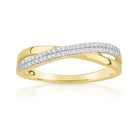 Trillion Designs 10K Yellow Gold 1/5 CT Round Cut Genuine Diamond Cross Over Wedding Band HI I2
