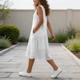 thumbnail image 4 of Dvprdro Solid Cotton Linen Crewneck Sleeveless Midi Dress for Women Ruched Bodice Flared Hem Loose Fit Summer Beach, 4 of 6