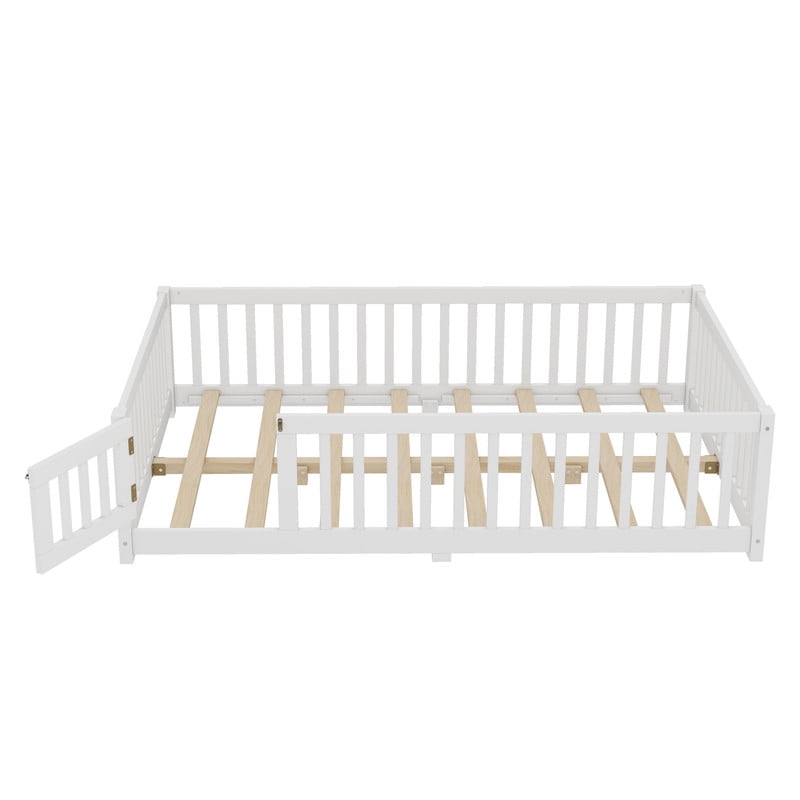 Montessori Bed with Rails, Full Size Floor Bed with Door & Slats Support, Wood Playhouse Bed with Fence, No Box Spring Needed,White