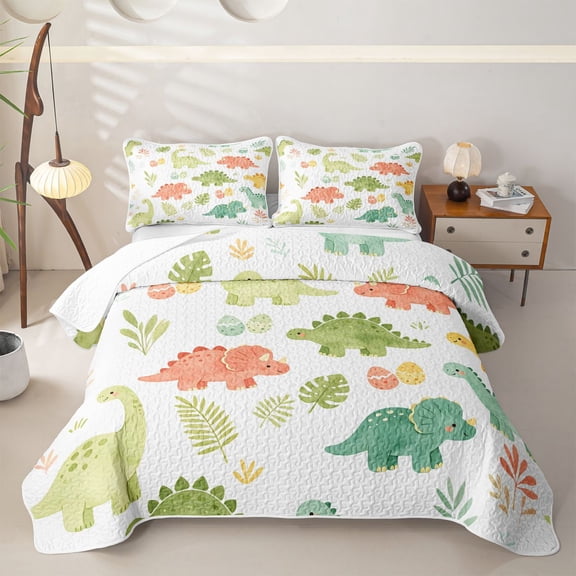 Homewish Cute Cartoon Dino Twin Quilt Set,Kawaii Plants Twin Coverlet Set,White,2pcs