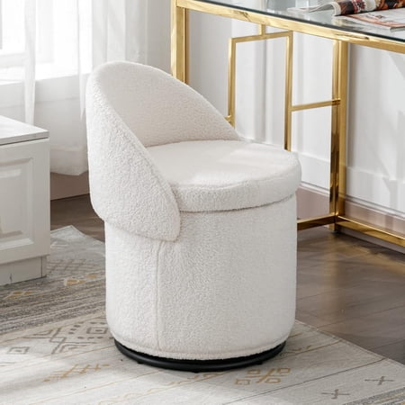 Modern Swivel Ottoman Vanity Chair, Sherpa Upholstered Barrel Chair Club Chair 360°Degree Swivel Side Chair with Storage, Comfy Makeup Stool for Bedroom Living Room, White