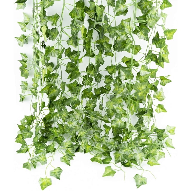 Guirnalda de hiedra artificial adaptable al clima: paquete de 12 plantas colgantes de 84 pies para decoración del hogar, bodas, oficina, hojas de tela, tallos de plástico, realistas y reutilizables
