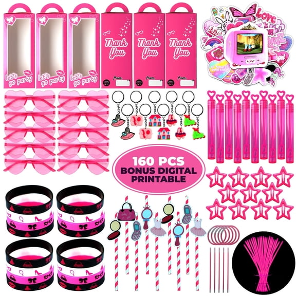 160Pcs Hot Pink Party Favors - Let's Go Girl Style 12 Treat Boxes Glasses Keychain Straw Wristband Bubbles for Birthday Supply