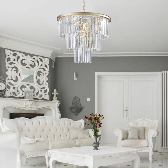 Crystal Chandeliers for Dining Room Lights Fixtures, 7 Lights 19.7in Gold Modern Chandeliers for Bedroom, 3-Tier Round Crystal Lighting Fixtures for Living Room Entryway Kitchen Island