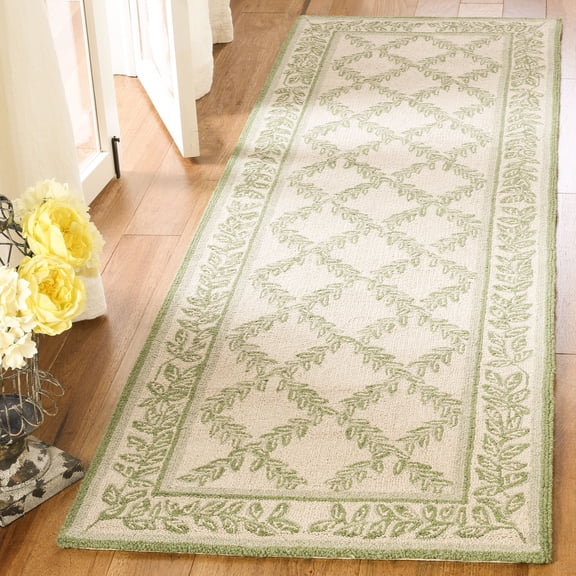 SAFAVIEH Chelsea Alecia Geometric Borders Wool Runner Rug, Ivory/Light Green, 2'6" x 8'