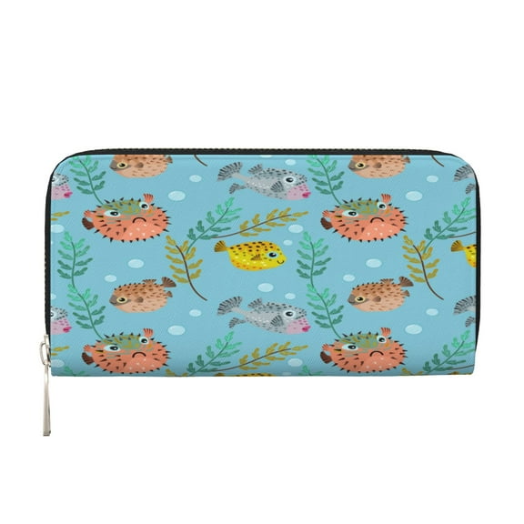 Leather Zipper Pocket Hand Wallet For Women And Men Travel Leather Purse Large Capacity Credit Card Holder Cute Cartoon Puffer Fishs