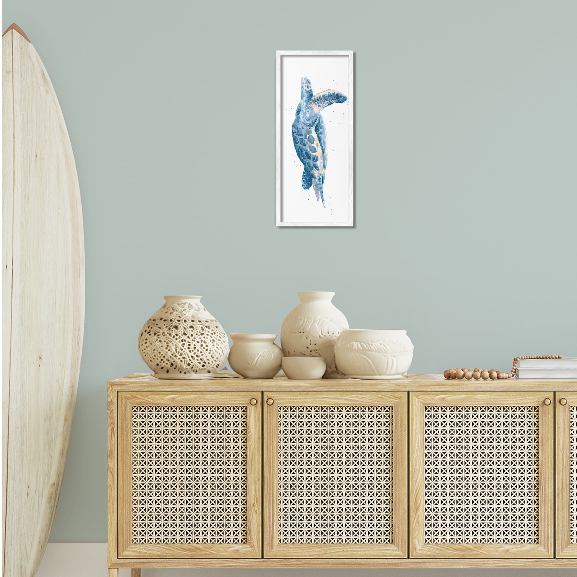 Stupell Industries Blue Turtle Swimming Animals & Insects Painting White Framed Art Print Wall Art, 10 x 24