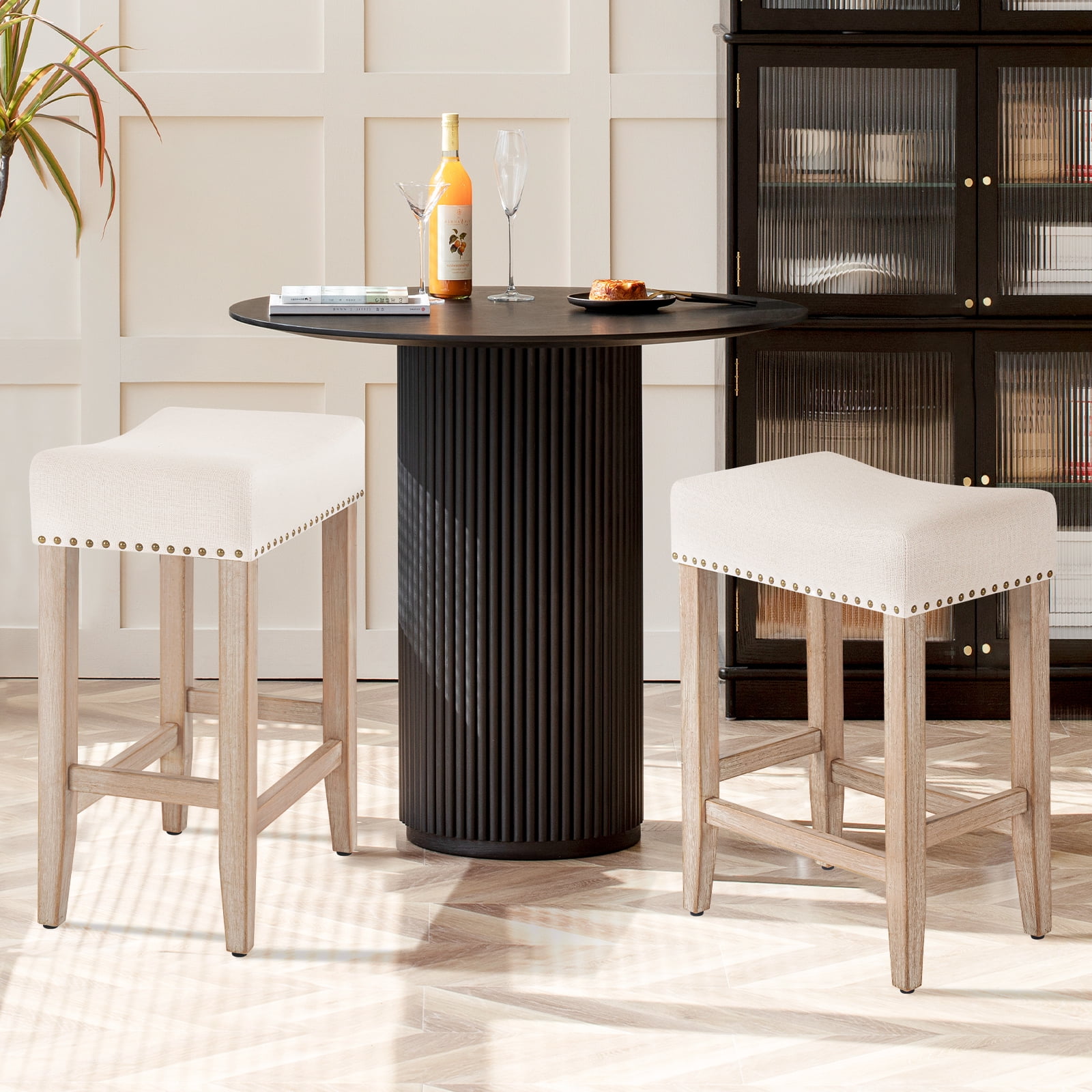 Furniliving 26" Counter Height Bar Stools, Linen Backless Saddle Seat Barstools, Set of 4,Beige