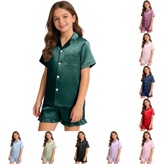 Weebloom Girls Summer Pajamas Cool Summer Outfits For Kids Soft Short Sleeve Button Down Tops Shorts Boys Home Wear Tween Sleepwear Nightwear Pjs Loungewear Dark Green 11-12 Years