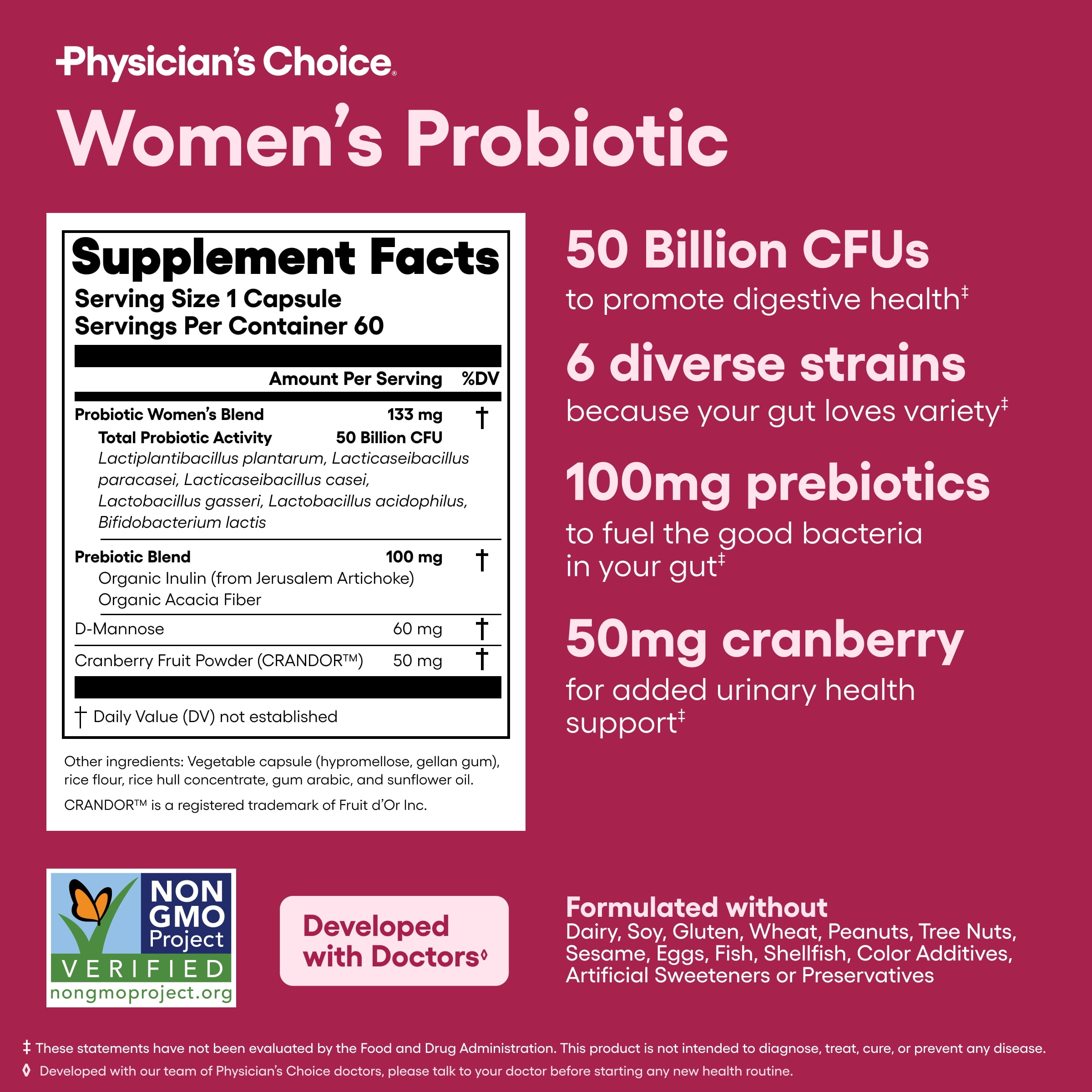 Physician’s Choice Women’s Probiotic with Prebiotic and Cranberry Fruit Powder, 50 Billion CFU, 60 Count