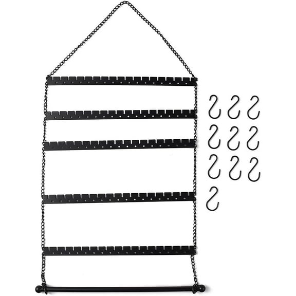 Iron Wall Earring Organizer Hanging Earring Holder 6 Layers Design and 12 Hooks for Earrings Necklaces and Rings Rectangle Electrophoresis Black 49x26.5x1.2cm