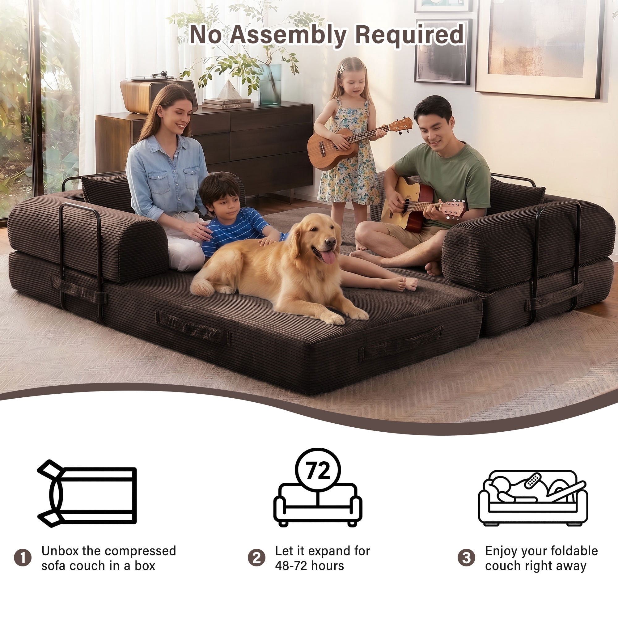 5-in-1 Folding Convertible Sofa Bed, 79" Corduroy Floor Couch Futon, Pull-Out Sleeper Loveseat, Modular Boneless Sofa for Living Room & Bedroom, Brown