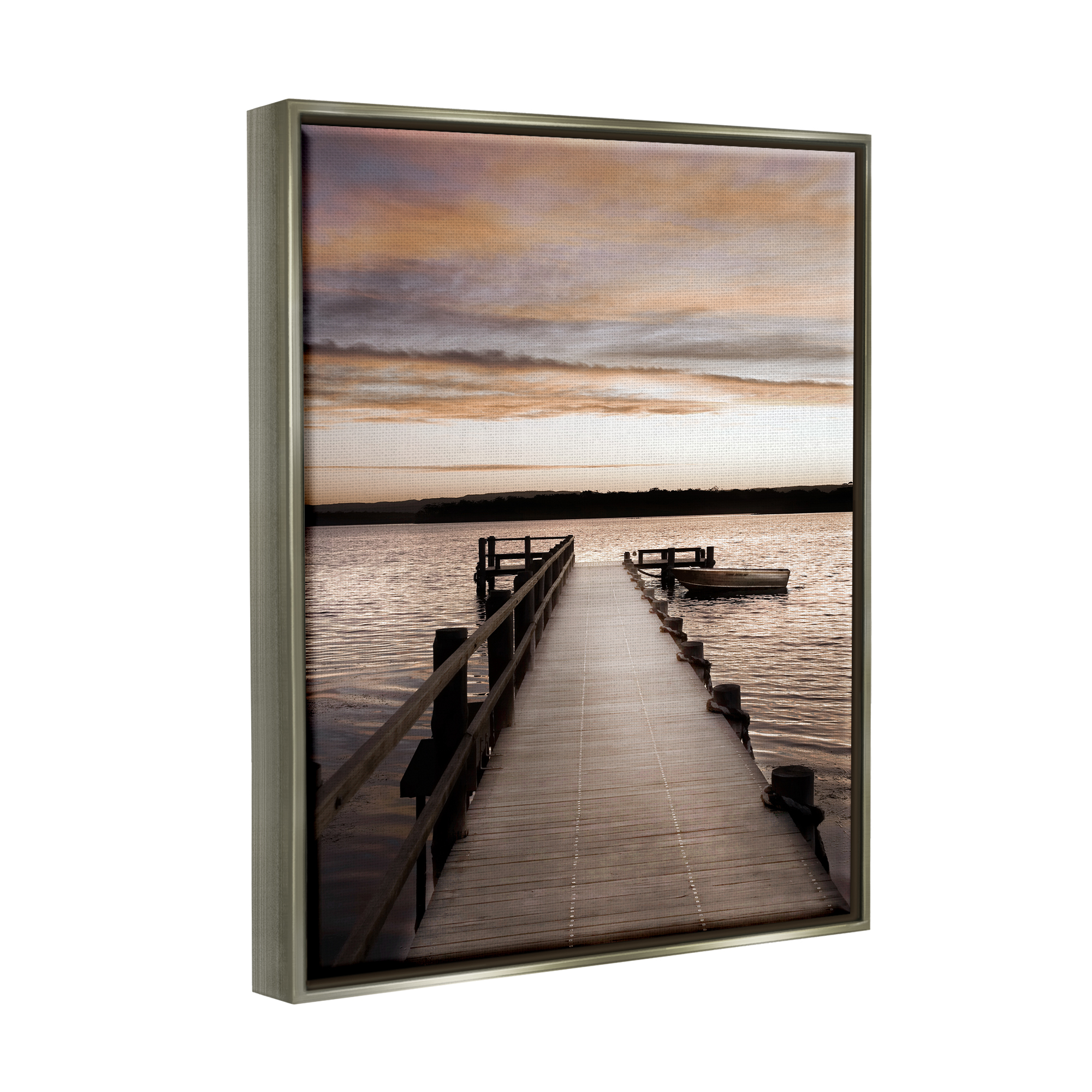 Stupell Industries Boat & Beach Pier Landscape Photography Gray Floater Framed Canvas Art Print Wall Art, 17 x 21