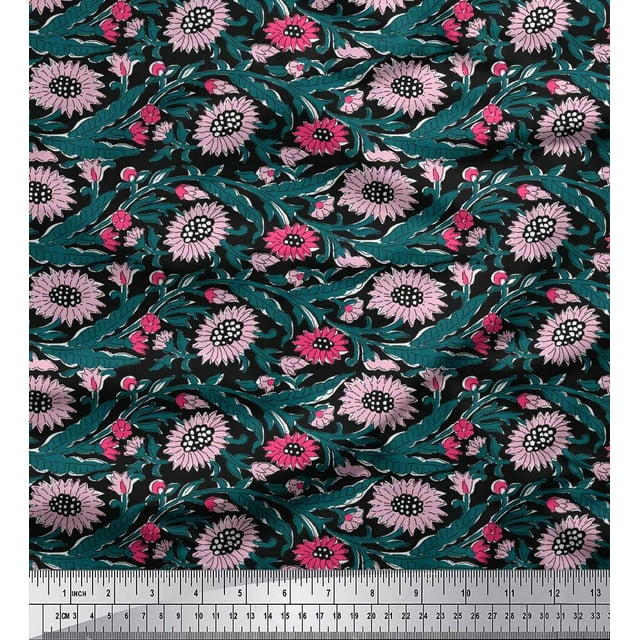 Soimoi Polyester Crepe Fabric Leaves & Floral Block Fabric Prints by Yard 52 Inch Wide