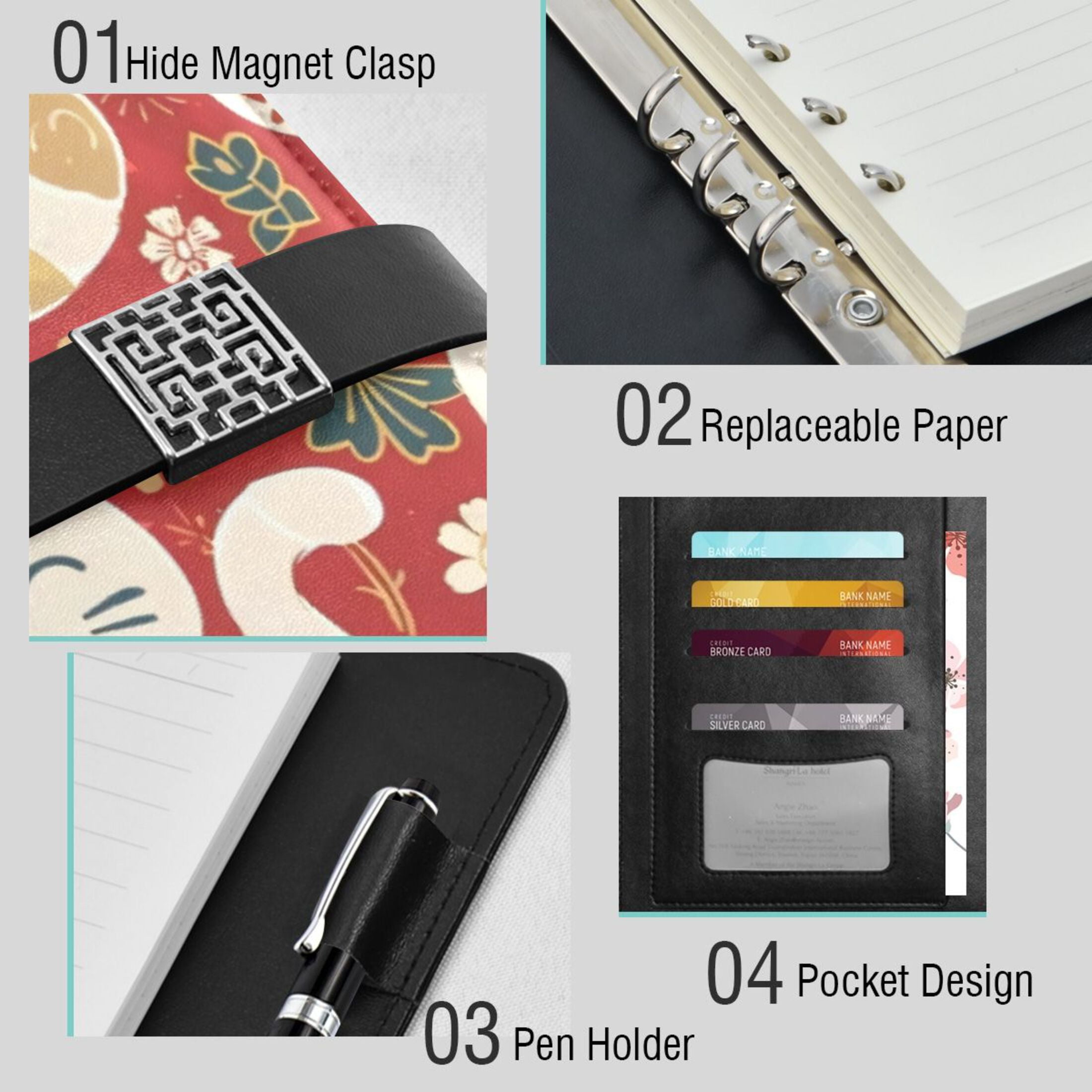 Leather Planner Leather Notebook Notebook Journal Binder Design Pen Pocket Design Convenient for Storage Lucky Cat