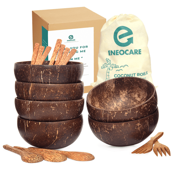 Eneocare Set of 6 Natural Coconut Bowls with Wooden Spoons and Forks | Unique Gift Set, Perfect for Smoothie Bowls, Acai Bowls, Buddha Bowls