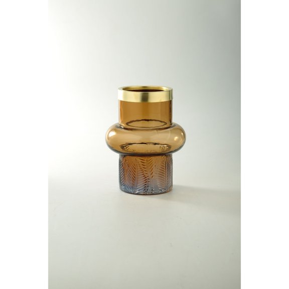 CC Home Furnishings Leaf Pattern Cylindrical Glass Flower Vase - 8" - Brown and Gold