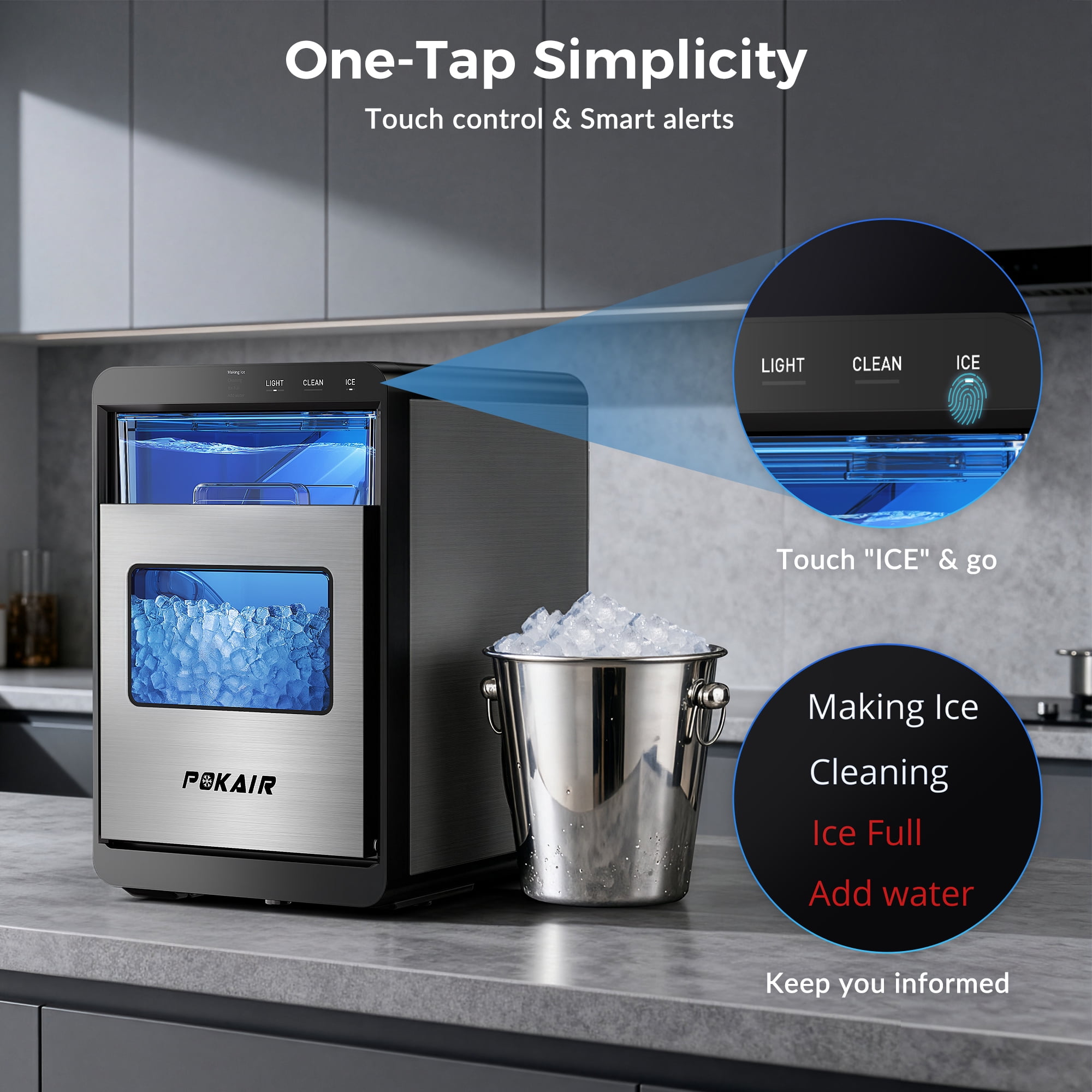 POKAIR Countertop Nugget Ice Maker for Fresh Chewable Ice, 44 lbs/Day Pebble Ice Machine, 9-Min Ice, Self-Cleaning, ETL, Brushed Stainless Steel