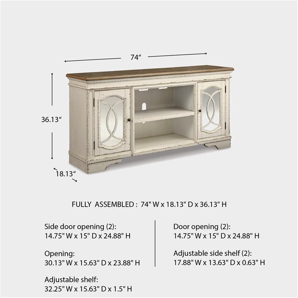 Signature Design by Ashley Realyn 74" TV Stand in Chipped White and Brown