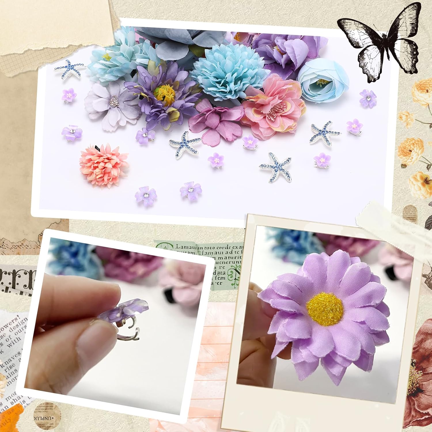 21pcs Blue Purple Silk Flower and Mini Starfish Small  Floral Hair Claw Clips Set for Women Girls Bridal Wedding Sweet Bangs Strong Hold Braid Hairstyles Decorate Accessories