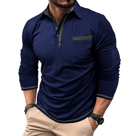 Kvture Business Casual Collared T-Shirts for Men Long Sleeve Pullover Versatile Button Up Workout Golf Tee Tops Navy Pullover S
