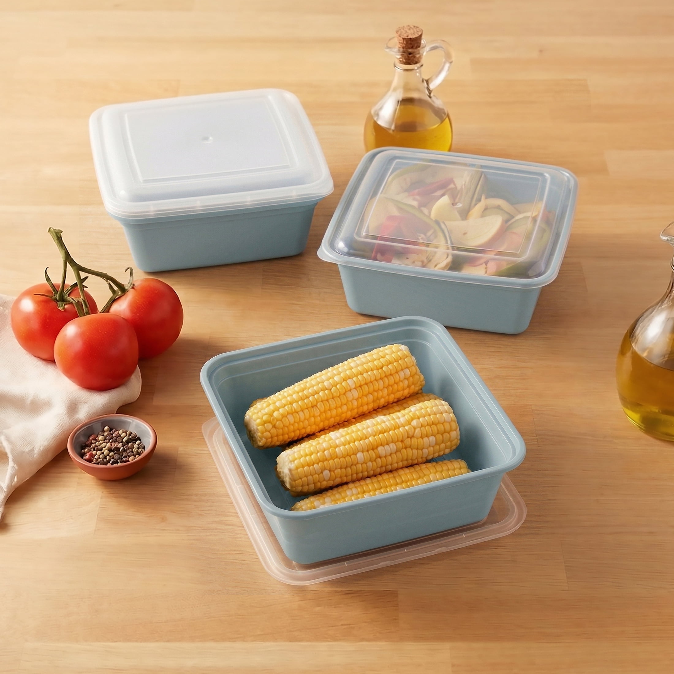 Mainstays 5-Pack Tall Square BPA-Free Plastic Meal Prep Food Storage Containers, 1.9L, Blue Cameo