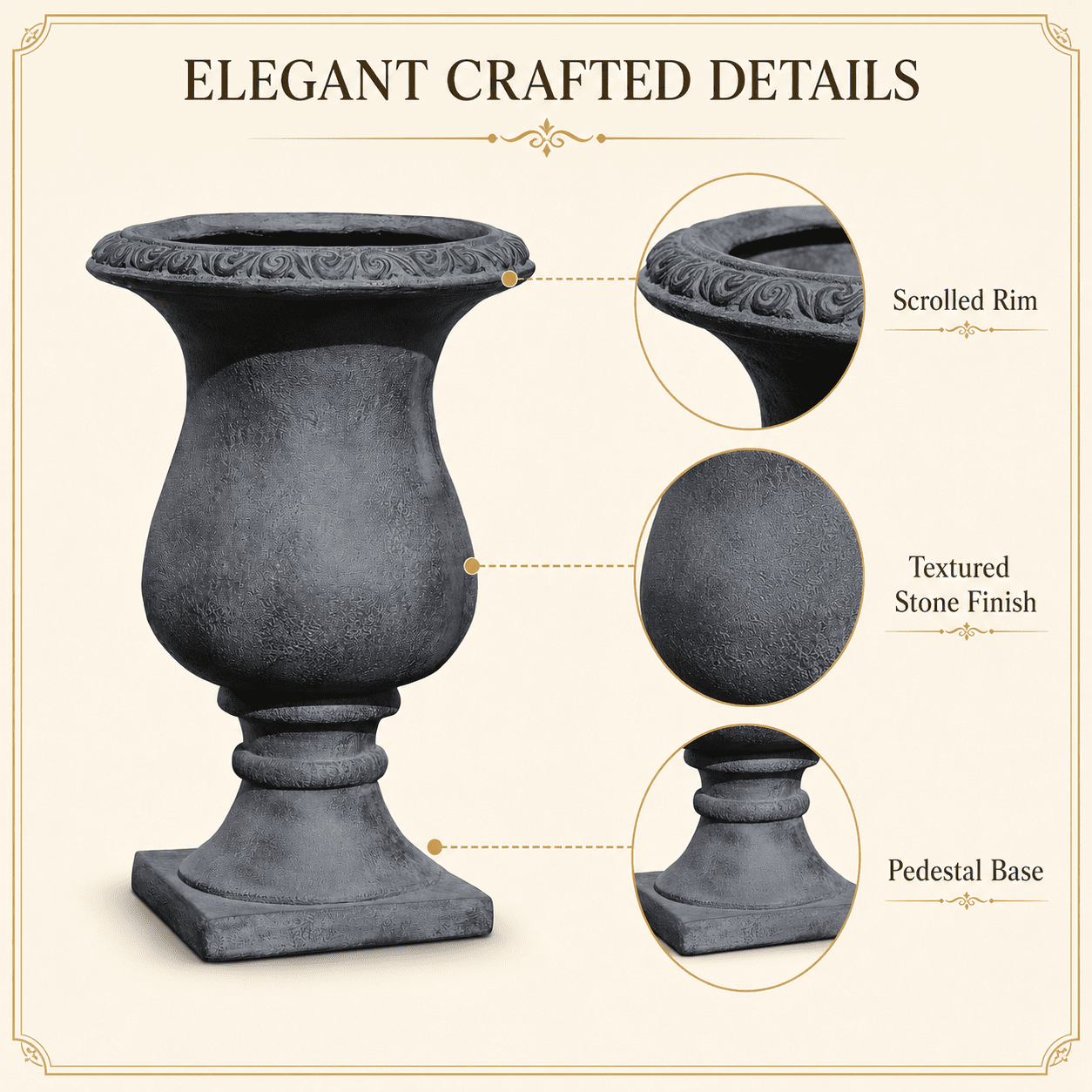 Aukfa Large MGO Garden Urn Planter, Outdoor Tall Decorative Stone-Look Flower Pot with Drainage Hole & Weather-Resistant, Black