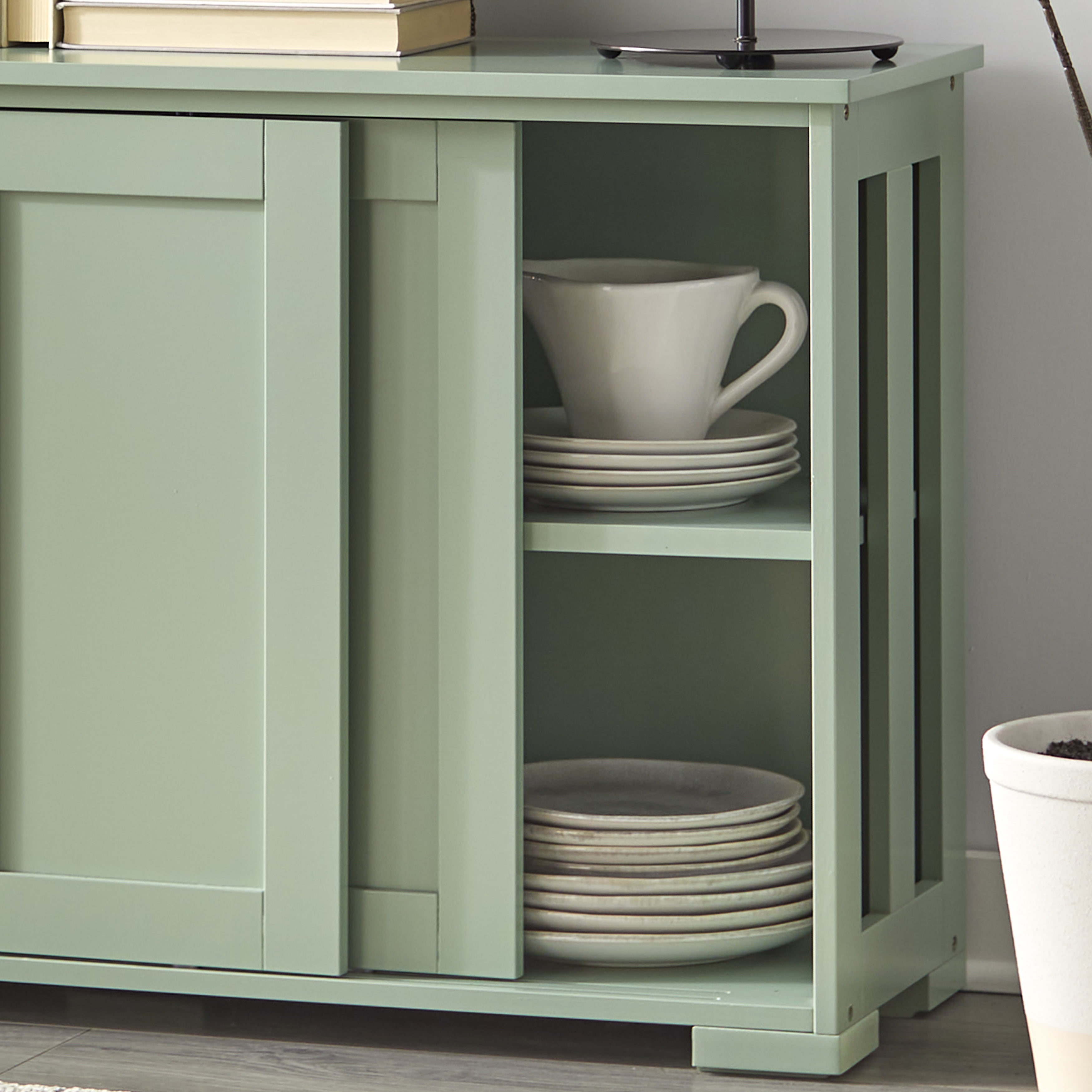 TMS Pacific Wood Sliding Door Storage Cabinet, Adjustable Shelves, Mint, 45lb