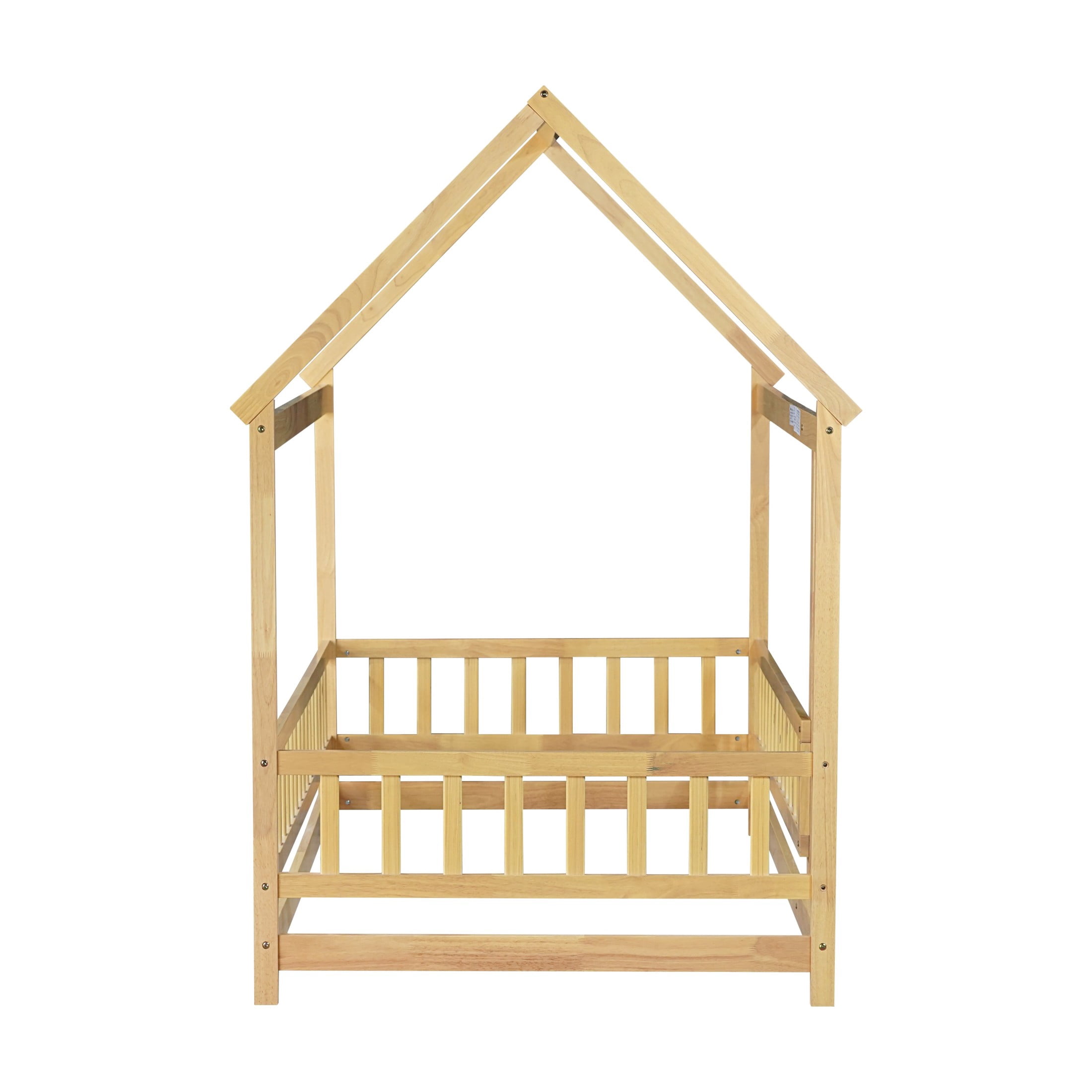 Noble House Travis Twin House Floor Bed with Roof Frame and Safety Fence, Sturdy Wood Montessori Bed, Natural