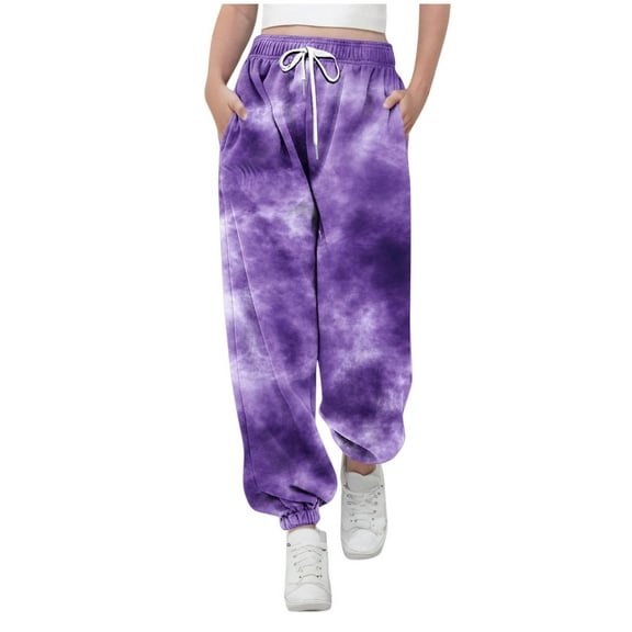 BLTIBY Girls Boys Sweatpants Tie-Dye Printed Elastic Waist Drawstring Cuffed Pants Toddler Fall Straight Leg Casual Fashion Joggers with Pockets Purple 9-10 Years