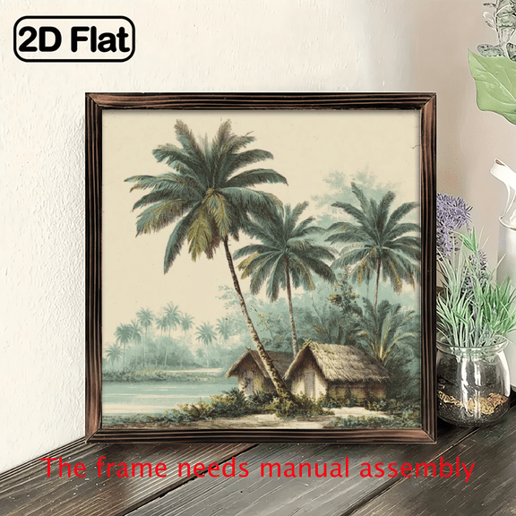 2D Flat, 8x8 Inch Rustic Tropical Palm Tree Beach Wall Art - Pastoral Style Wooden Framed Painting, Vibrant Colors, Coastal Home Decor for Living Room, Bedroom, Office - Nautical Theme Wall Decor,