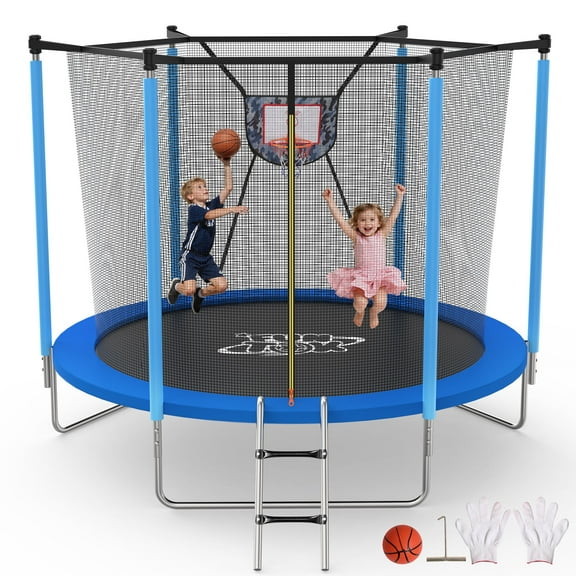 FUNTOK 8FT Trampoline for Kids Trampoline with Basketball Hoop, 330LBS Capacity Outdoor Round Trampoline with Net Enclosure Ladder for 2-3 Kids