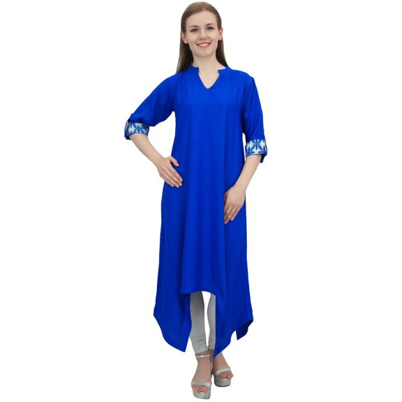 Bimba Women's Royal Blue Rayon Kurta With Scarf Asymmetrial Hem Ethnic Dress - 4