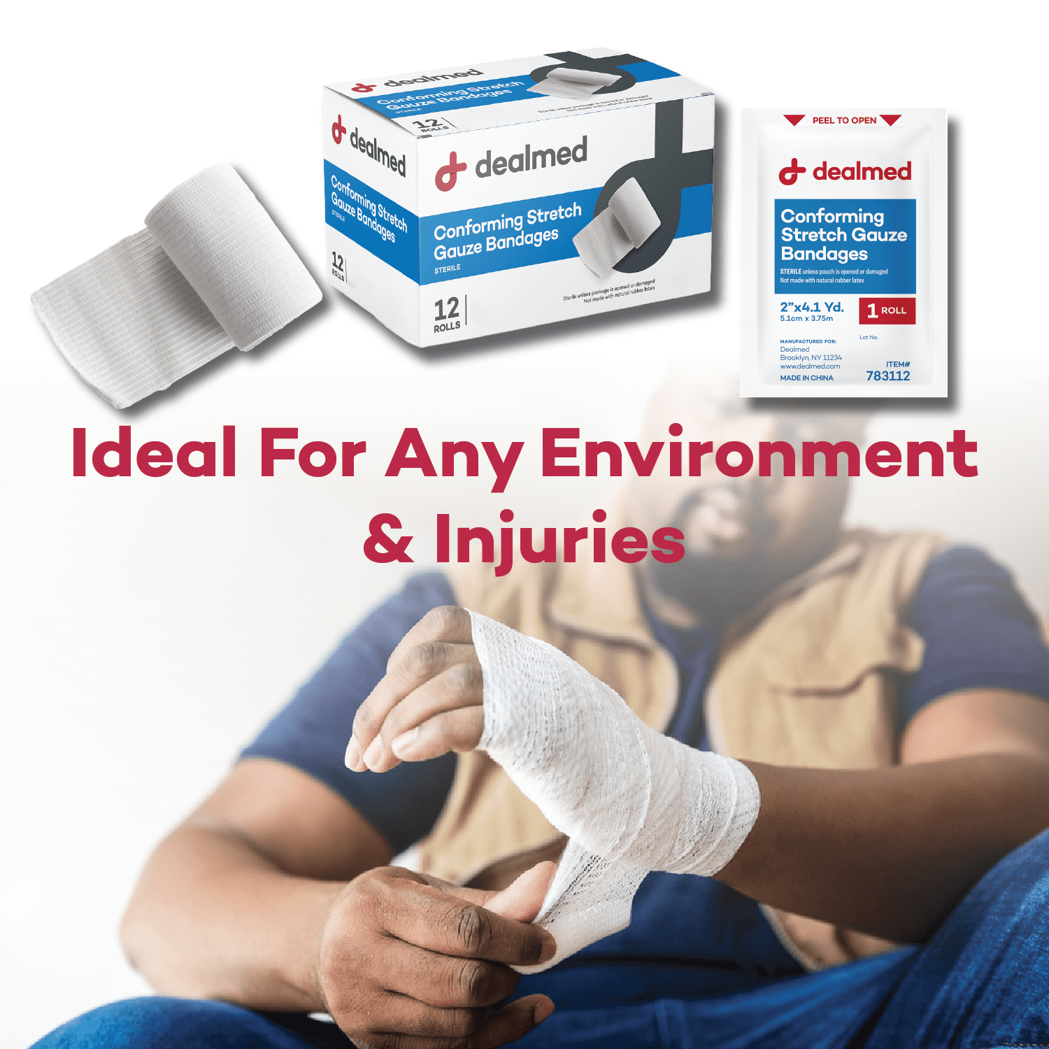 Dealmed 2" Sterile Conforming Stretch Gauze Bandages, 4.1 Yards Stretched Gauze Rolls, Wound Care Product, Case of 96