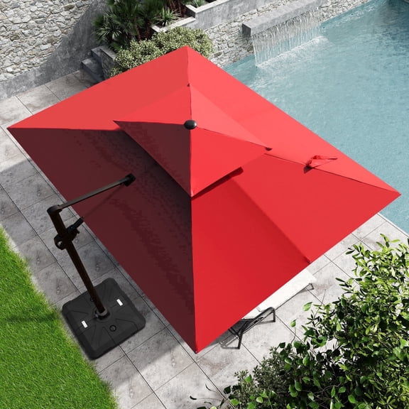Crestlive Products 9x11FT Rectangular Cantilever Umbrella with Base, Windproof Double Top, 350lbs, 360-degree Rotating, Red