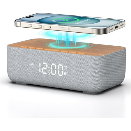 Alarm Clock Radio with Wireless Charging, Fast Magnetic Charging for Phone/iPhone, Bluetooth Speaker, FM Radio, Dimmable Digital Clock for College Dorm, Bedroom, Bedside, Desk