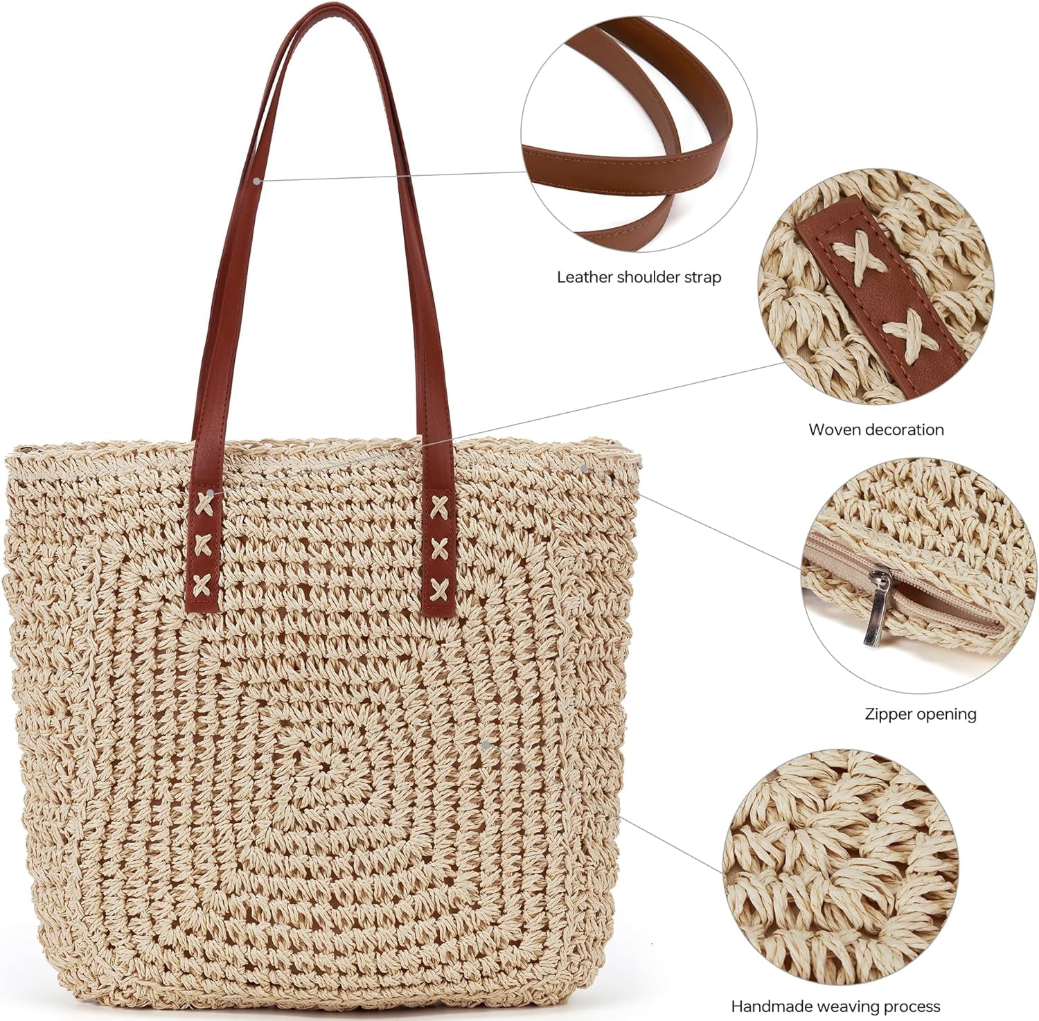 Straw Beach Bag Leather Tote Bag for Women Beach Purse Shoulder Woven Crochet Bag Purses for Women 2024 Clutch Purses Beach