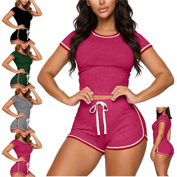 LEKWK Workout Sets for Women 2 Piece Short Sleeve Crewneck Crop Tops and Drawstring Elastic Waist Shorts Tracksuit Summer Running Athletic Outfits