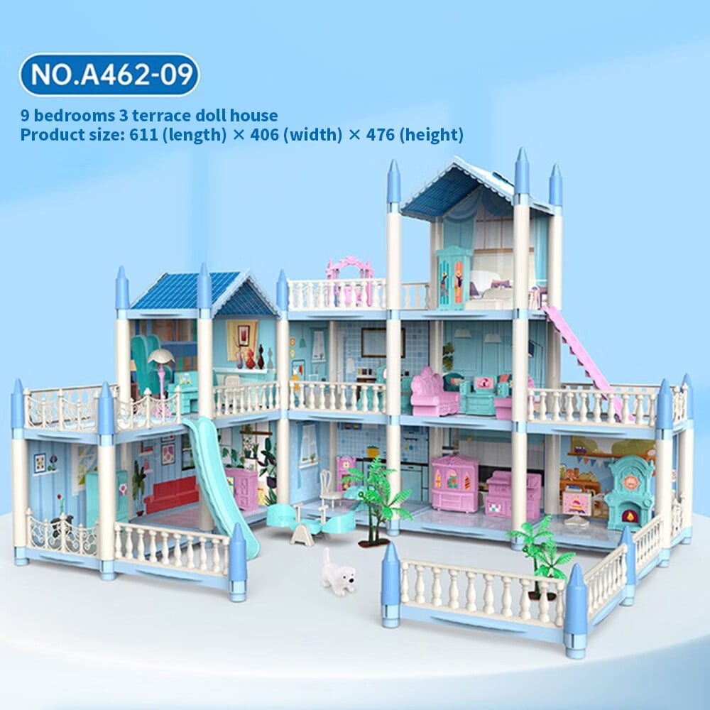KLZO Blue Doll House for Girls Gift , DIY Pretend Dreamhouse with 9 ...