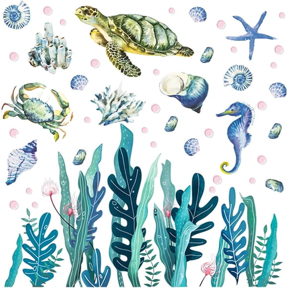Under the Sea Seaweed Wall Sticker Ocean Grass Turtle Fish Jellyfish Wall Decal Kids Baby Room Nursery Bathroom Wall Decor