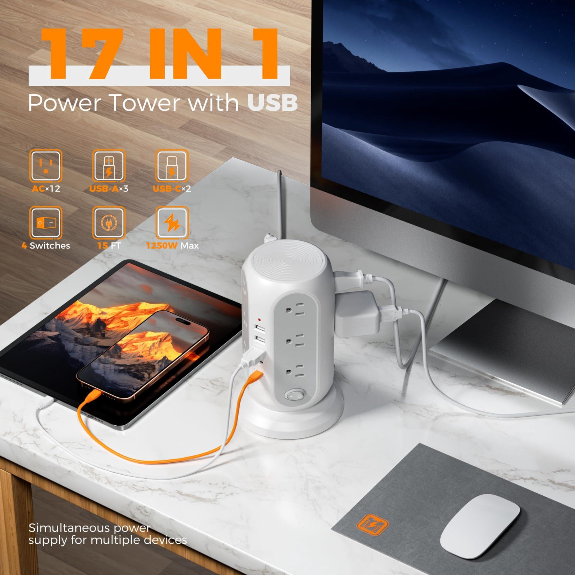 Tower Power Strip With Individual Switches  Surge Protector 12 Outlets 5 Usb Ports(2 C) Flat Extension Cord 15 Ft 1250w Charging Station For Multiple Devices Office Dorm Grey