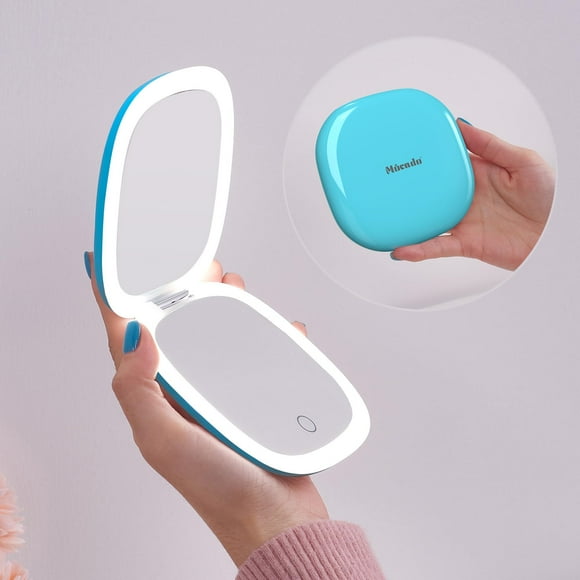 Mocado Espejo de maquillaje de viaje compacto LED – 4 pulgadas 1X/10X aumento espejo de viaje con luz regulable doble cara iluminado USB recargable espejo compacto para bolso de viaje (azul)
