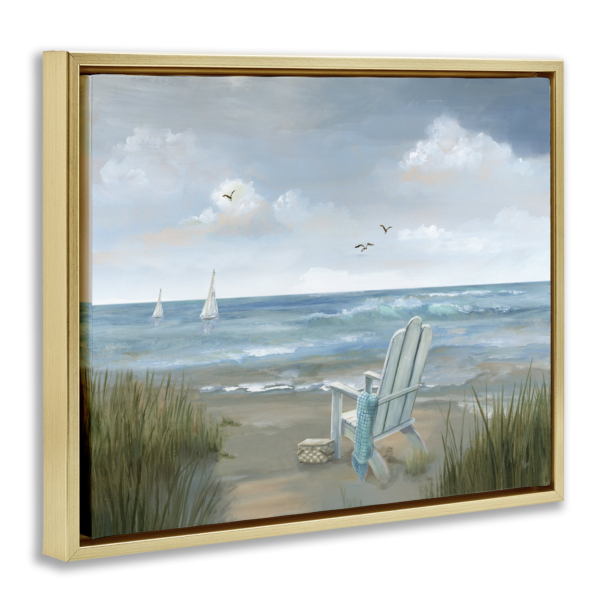 Stupell Industries Soothing Beach Scenery Nautical & Beach Painting Gold Floater Framed Canvas Art Print Wall Art, 21 x 17