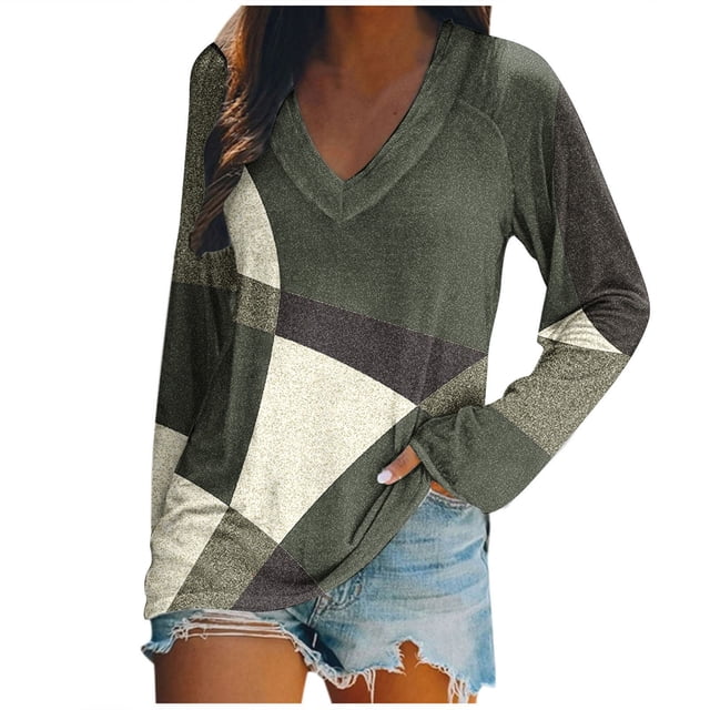 KIHOUT - Blusas casuales para mujer, liquidación 2024, blusa clásica de cuello en V con bloques de color, blusas holgadas básicas de otoño, blusas tipo túnica de manga larga