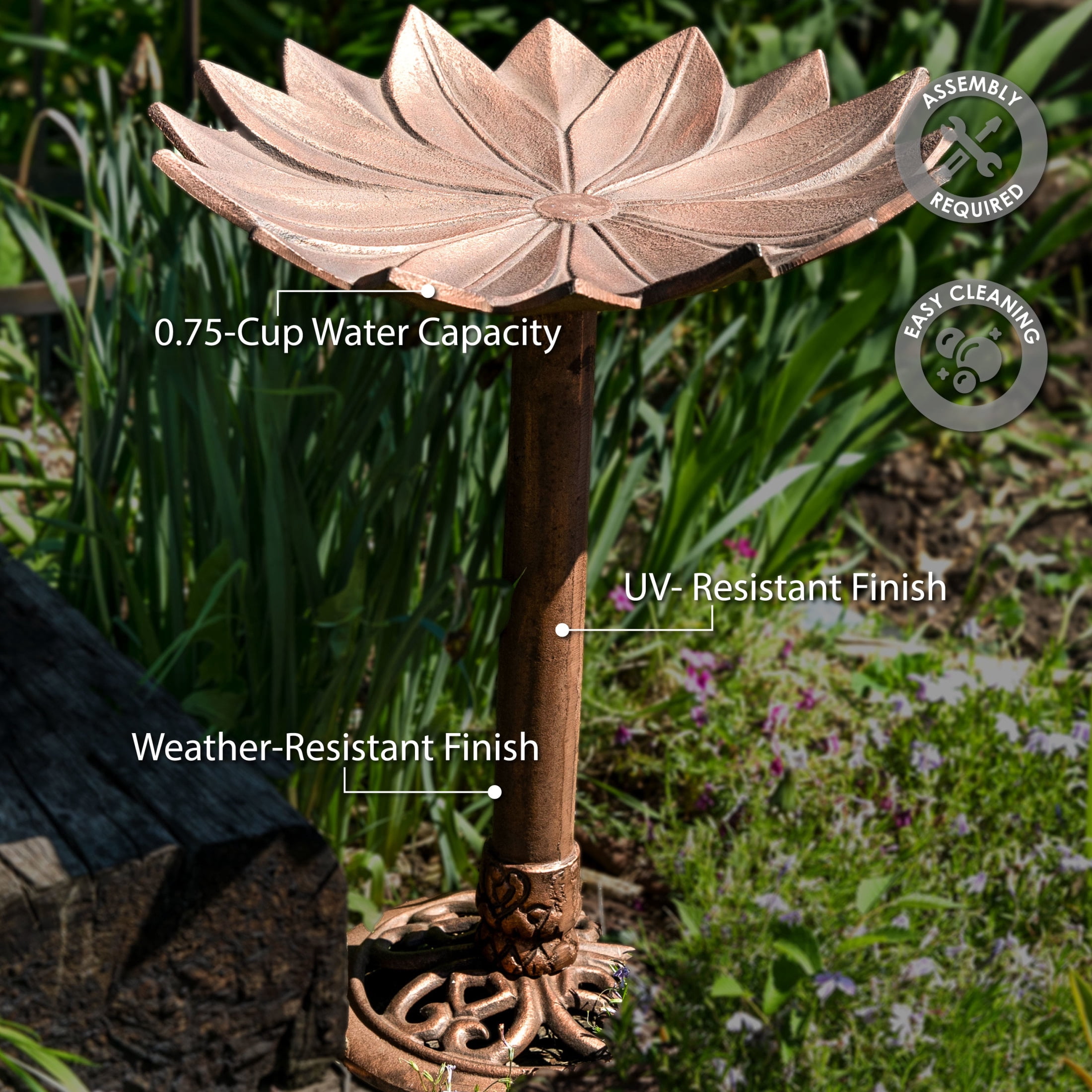 Sunnydaze Garden Lotus Freestanding Cast Aluminum Outdoor Bird Bath, Copper Patina
