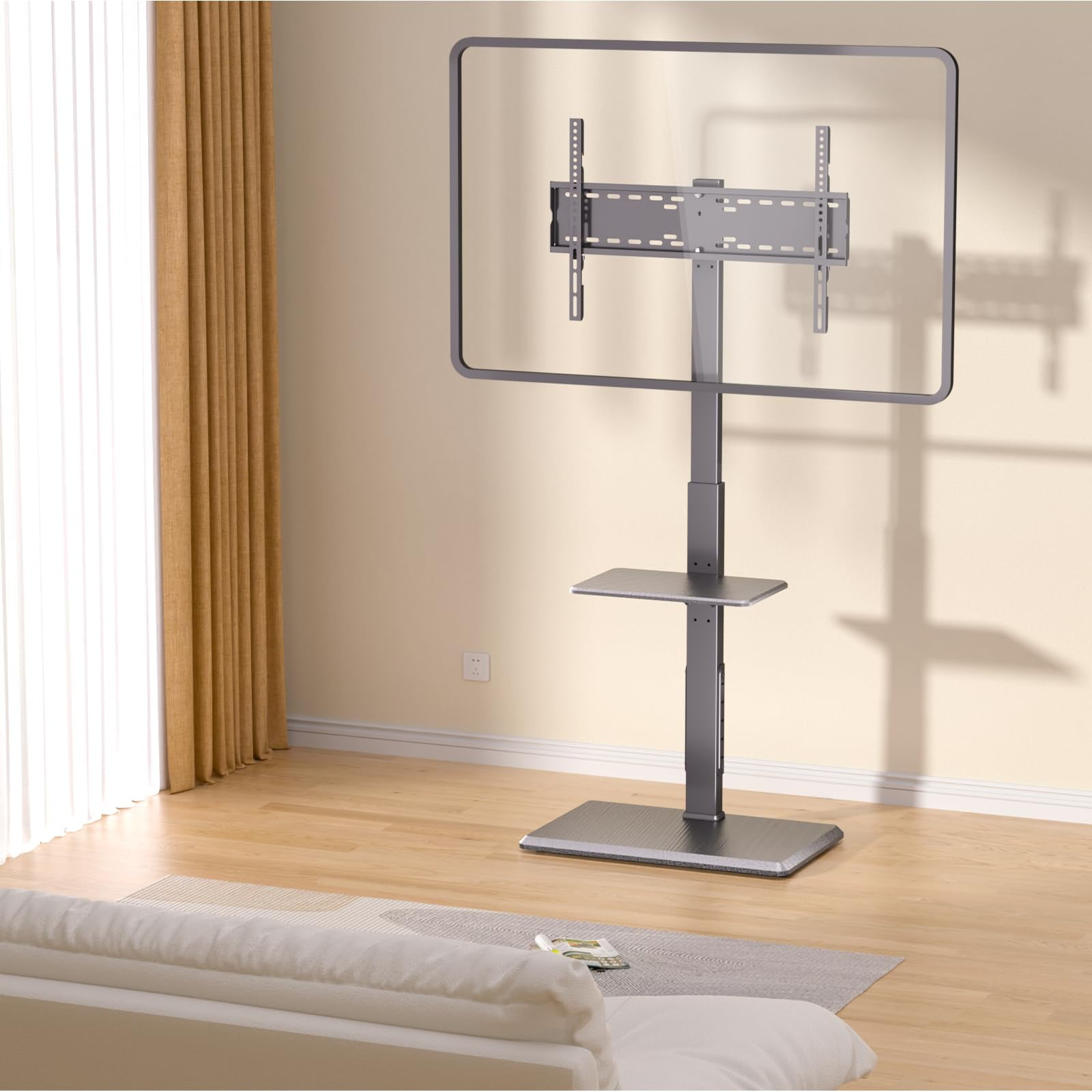 Afaloona Universal Floor TV Stand, TV Floor Mount Stand with Power Outlet & Removable Shelf for 32-75 inch TV up to 110 lbs, Swivel and Height Adjustable Tall TV Stand for Bedroom